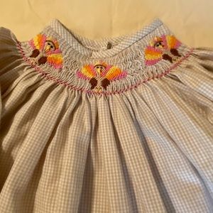 Mia’s, 24 mo, brown gingham turkey smocked dress
